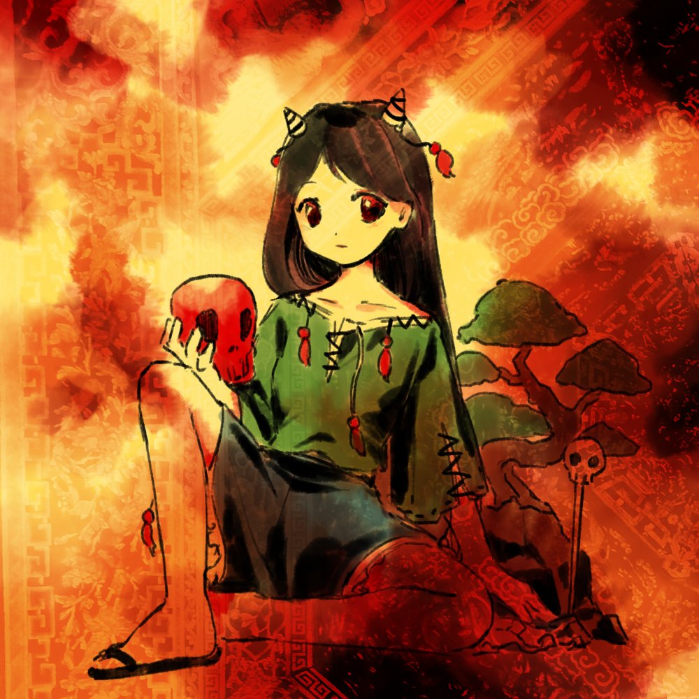 1girl black_hair blue_shorts closed_mouth dolls_in_pseudo_paradise flip-flops full_body green_shirt holding holding_skull horns kaigen_1025 long_hair looking_at_viewer nippaku_zanmu oni_horns parody red_eyes sandals shirt short_sleeves shorts skull solo touhou yellow_horns