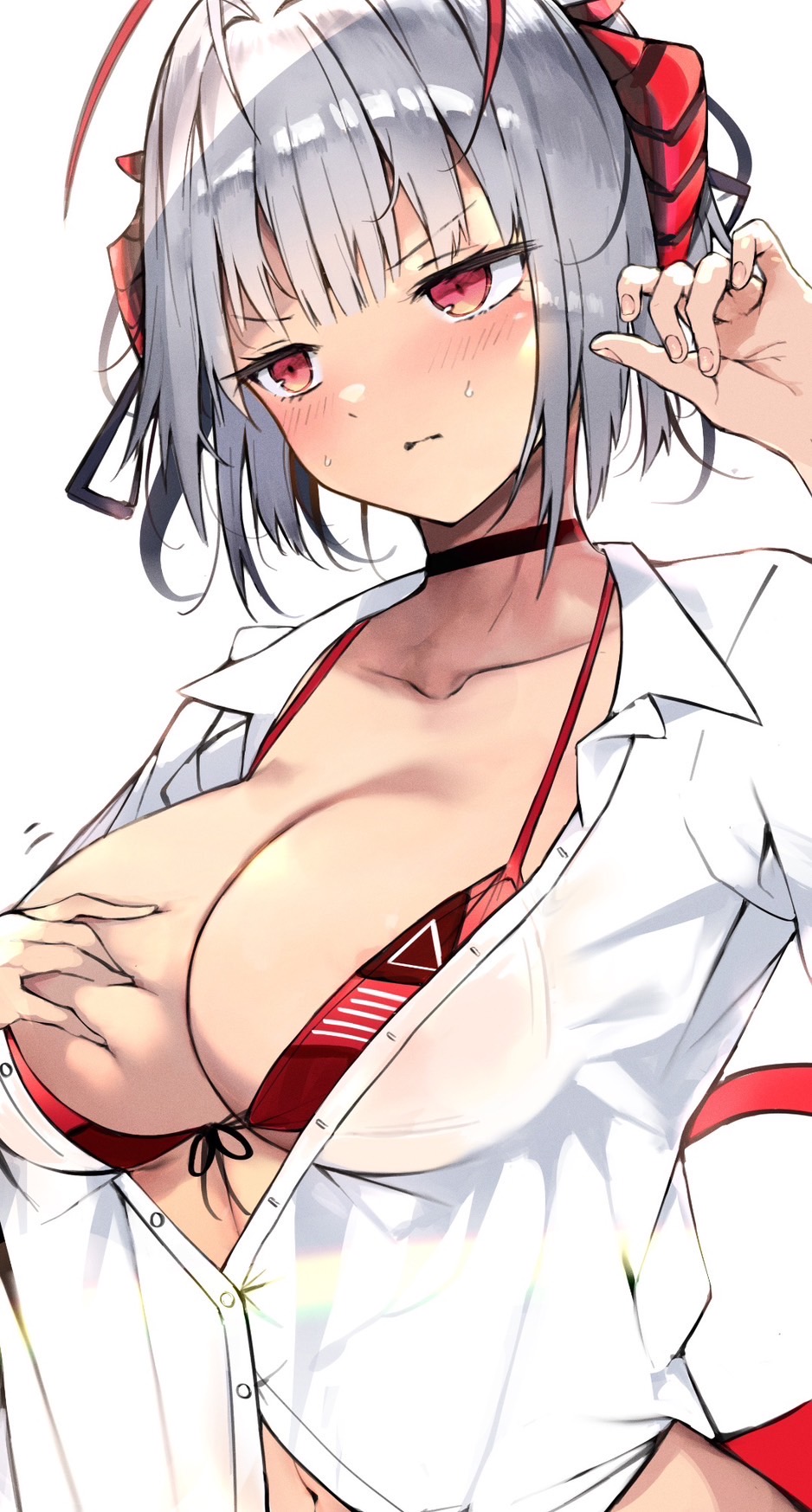 1girl arknights bikini bikini_under_clothes blue_archive breasts closed_mouth commentary_request cosplay grey_hair hanako_(blue_archive) hanako_(blue_archive)_(cosplay) hanako_(swimsuit)_(blue_archive) highres horns kyuu_(plastic_night_q) large_breasts official_alternate_costume red_bikini red_eyes red_horns shirt short_hair simple_background solo swimsuit tail w_(arknights) white_background white_shirt