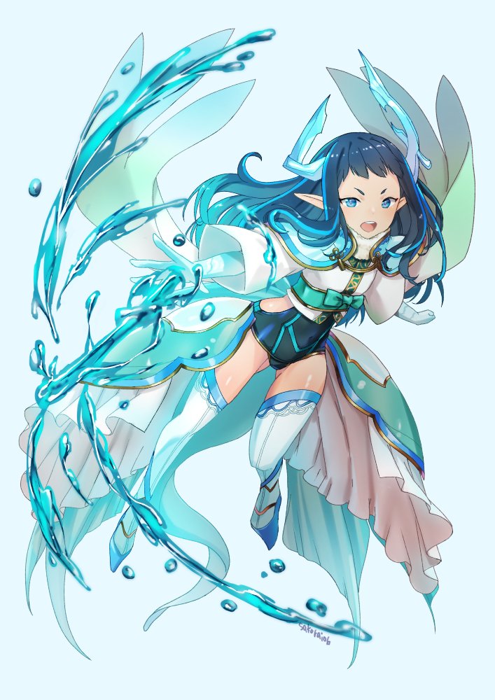1girl artist_name blue_background blue_capelet blue_eyes blue_hair blue_sash capelet clenched_hand dragon_horns dragon_tail elbow_gloves floating_hair frills gloves horns hydrokinesis leotard light_blue_hair long_hair long_sleeves nami'oyogi_kanemitsu open_mouth outstretched_arm platform_footwear pointy_ears sash short_eyebrows solo tail teeth tenka_hyakken thighhighs upper_teeth_only v-shaped_eyebrows water wide_sleeves yu_sakurai06