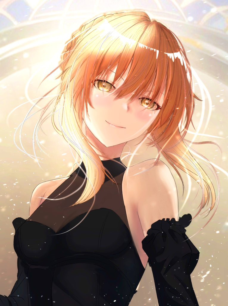 1girl alternate_costume artoria_pendragon_(fate) bare_shoulders blonde_hair braid breasts closed_mouth detached_sleeves dress fate/grand_order fate_(series) giruminasu light_blush long_sleeves looking_at_viewer saber_alter see-through_cleavage sidelocks sleeveless sleeveless_dress small_breasts solo yellow_eyes