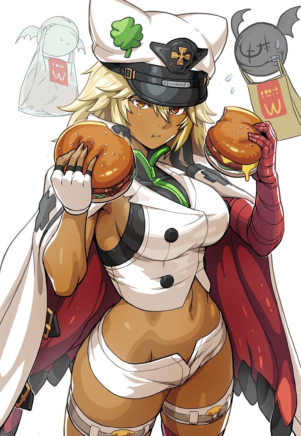 1girl bag bandages breasts burger cape clover dark-skinned_female dark_skin dual_wielding eating fingerless_gloves food four-leaf_clover gloves guilty_gear guilty_gear_strive hair_between_eyes hat highres holding large_breasts long_hair looking_at_viewer lucifero_(guilty_gear) midriff navel oetaro orange_eyes paper_bag plastic_bag ramlethal_valentine revision shorts sideboob simple_background solo stomach sweatdrop thick_thighs thigh_strap thighs wcdonalds white_background white_cape white_gloves