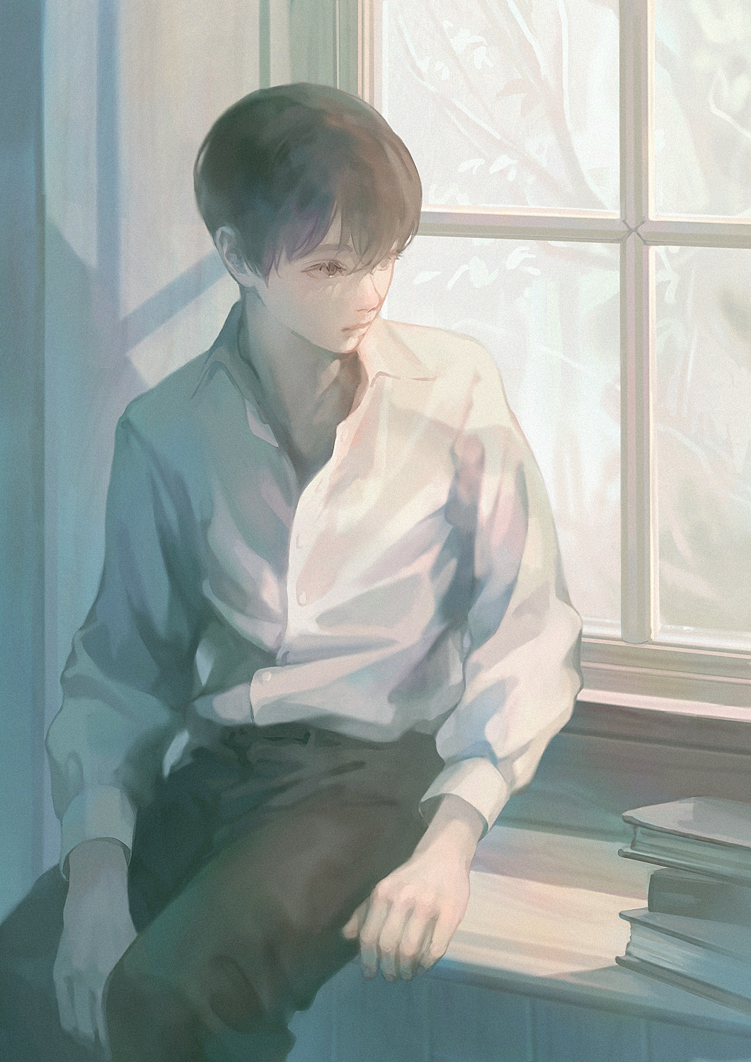 1boy black_pants book book_stack brown_eyes brown_hair closed_mouth collared_shirt commentary crossed_bangs dress_shirt highres hotatenshi looking_outside male_focus original pants shirt shirt_tucked_in sitting solo white_shirt window window_shade windowsill