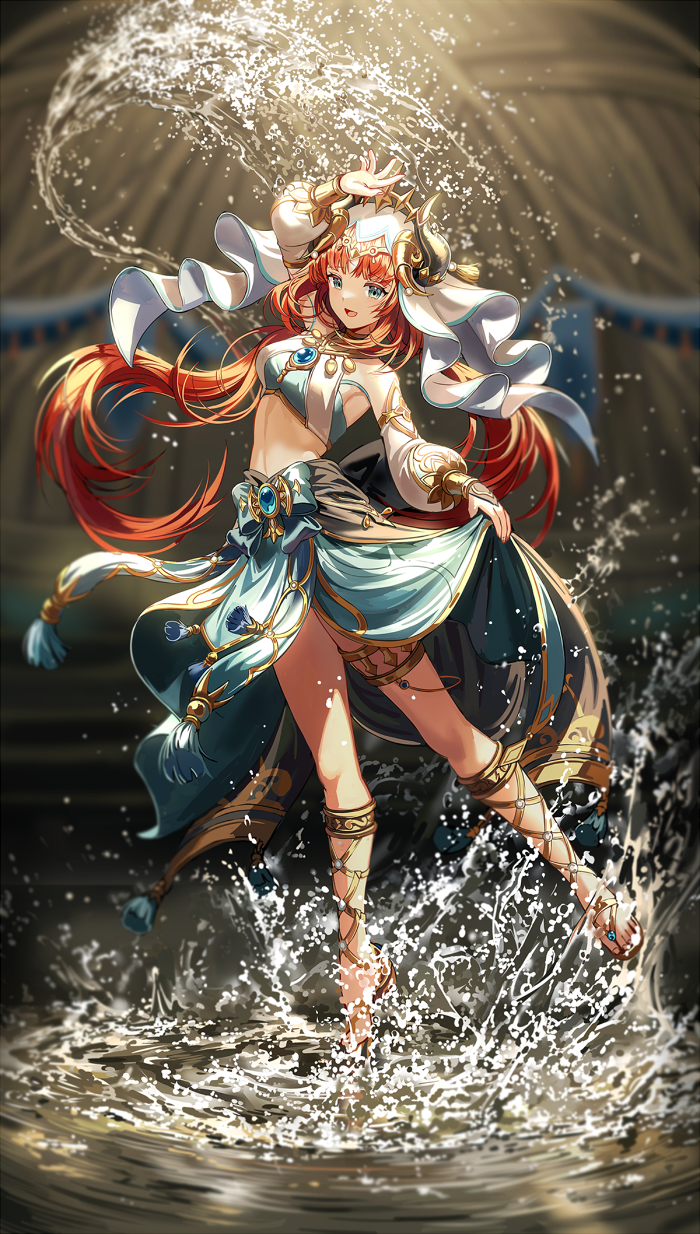 1girl :d aqua_eyes arm_up blue_bow blue_gemstone blue_skirt blurry blurry_background bow bracer breasts brooch circlet commentary_request dancer dancing fake_horns floating_hair full_body gem genshin_impact gladiator_sandals gold_footwear gold_trim harem_outfit highres horns hydrokinesis jewelry leg_up legs linea_alba long_hair long_sleeves looking_at_viewer medium_breasts neck_ring nilou_(genshin_impact) open_mouth parted_bangs puffy_long_sleeves puffy_sleeves red_hair sandals sidelocks silence_girl skirt skirt_hold smile solo splashing standing standing_on_one_leg stomach tassel thighlet tiptoes toes twintails veil very_long_hair water white_headwear white_sleeves