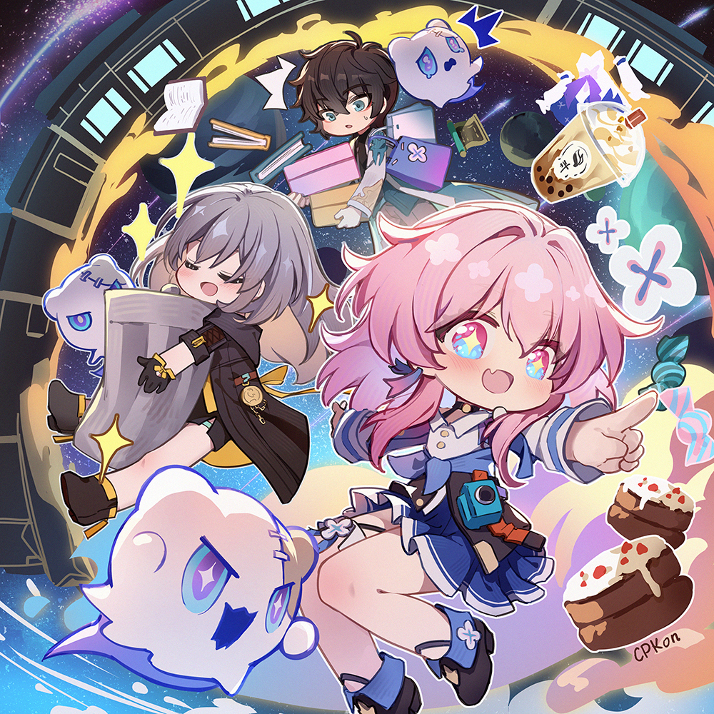 +_+ 1boy 2girls artist_name bag black_footwear blue_eyes book box brown_hair bubble_tea cake camera candy cat_princess choker closed_eyes dan_heng_(honkai:_star_rail) earrings fang food green_eyes grey_hair holding holding_box honkai:_star_rail honkai_(series) hugging_object jacket jewelry march_7th_(honkai:_star_rail) multiple_girls open_book pink_hair pleated_skirt pointing scroll shopping_bag signature skin_fang skirt sparkle stelle_(honkai:_star_rail) trailblazer_(honkai:_star_rail) trash_can two-tone_eyes wubbaboo_(honkai:_star_rail)