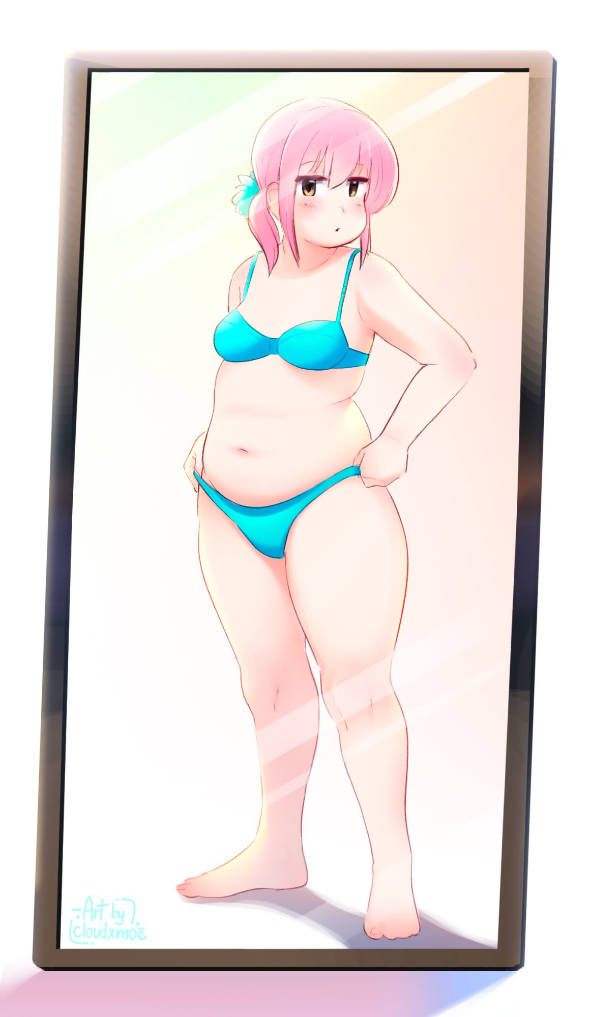 1girl artist_name blue_bra blue_panties blush bra breasts brown_eyes cloudxmoe english_text full_body highres jitome long_hair looking_at_mirror looking_at_viewer medium_breasts mirror navel original panties parted_lips pink_hair plump shadow sidelocks simple_background solo spanish_commentary standing thick_arms thick_thighs thighs underwear underwear_only white_background