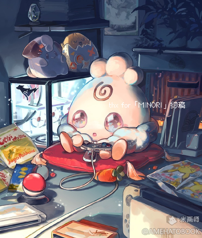 amehatobook cable carrot character_doll cleffa commission controller cushion game_cartridge game_controller holding holding_controller holding_game_controller igglybuff indoors mixed-language_commentary nintendo_switch packet playing_games poke_ball poke_ball_(basic) pokemon shelf sitting stitches thank_you togepi watermark