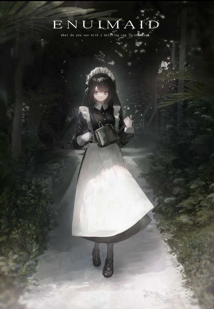 1girl apron black_dress black_footwear black_hair black_pantyhose brown_eyes bush collared_dress dress english_text expressionless forest frilled_apron frills full_body hair_between_eyes hand_up holding holding_watering_can loafers long_dress long_hair long_sleeves looking_at_viewer maid maid_apron maid_headdress misumigumi nature original outdoors pantyhose parted_lips plant scenery shoes smile solo standing tree watering_can white_apron