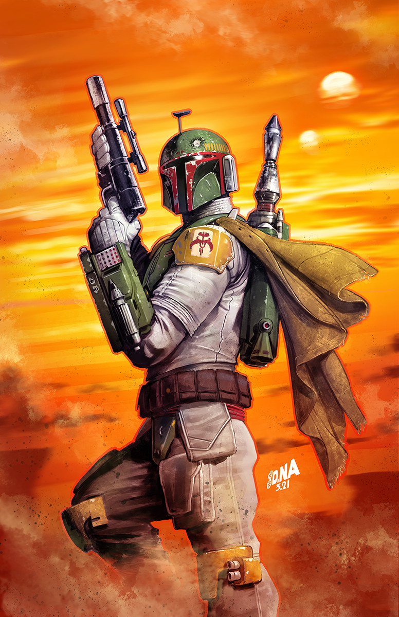 1boy armor belt boba_fett brown_pants commentary dated david_nakayama english_commentary gloves gun helmet highres holding holding_gun holding_weapon initial jetpack looking_at_viewer moon orange_sky outdoors pants sky solo star_wars watermark weapon white_gloves