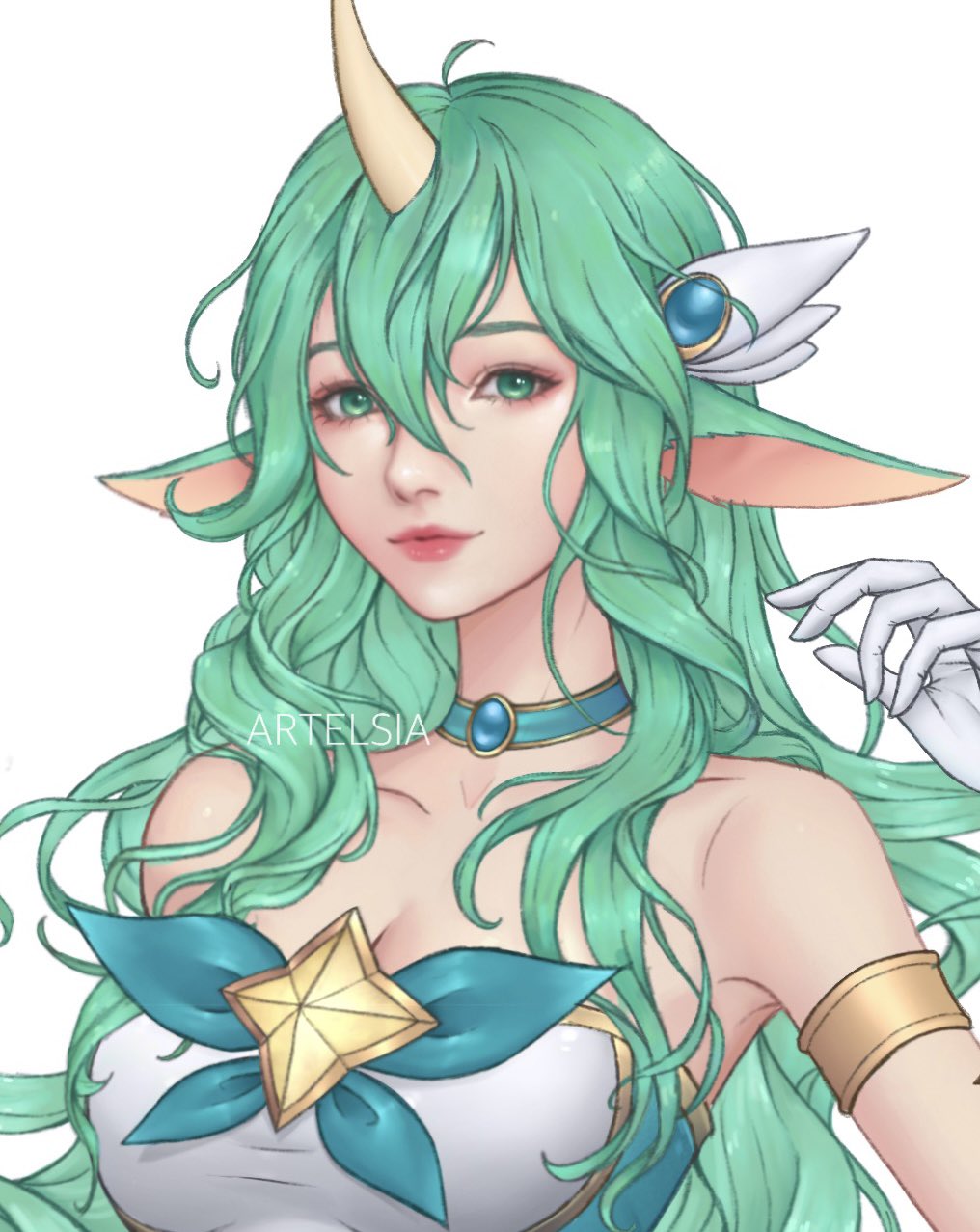 1girl animal_ears artelsia artist_name bare_shoulders breasts cleavage elbow_gloves gloves green_eyes green_hair highres horns large_breasts league_of_legends long_hair looking_at_viewer magical_girl pointy_ears simple_background single_horn solo soraka_(league_of_legends) star_guardian_(league_of_legends) star_guardian_soraka white_background white_gloves