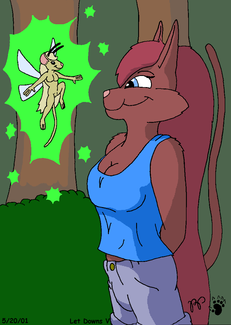 2001 antennae_(anatomy) anthro blonde_hair blue_eyes breasts brown_body brown_fur brown_hair cleavage clothed clothed/nude clothed_female_nude_female clothing domestic_cat duo fairy featureless_breasts felid feline felis female forest fur genitals hair insect_wings kthanid_(artist) long_hair mammal mouse murid murine nude outside pink_nose plant pussy rodent rutwell_forest serenakty shirt shrub smile tail tank_top topwear tree wings yellow_body yellow_fur