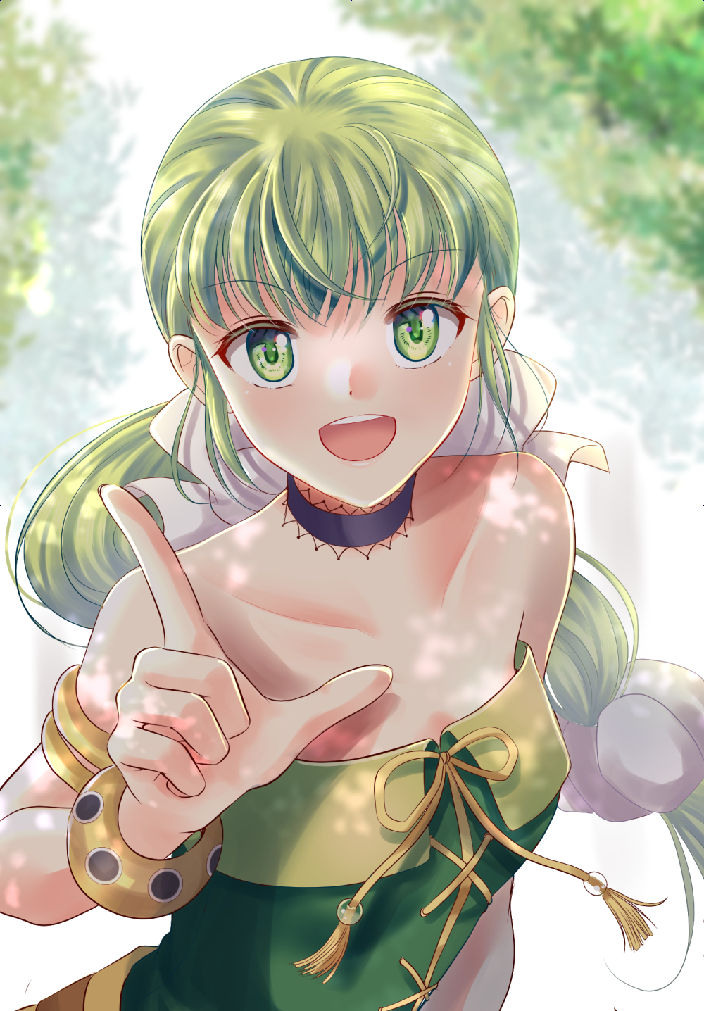 1girl bare_shoulders bow choker green_eyes green_hair hair_ribbon highres jewelry long_hair looking_at_viewer multi-tied_hair okotamiak open_mouth ponytail ribbon romancing_saga_re;universe saga saga_frontier_2 smile solo very_long_hair virginia_knights