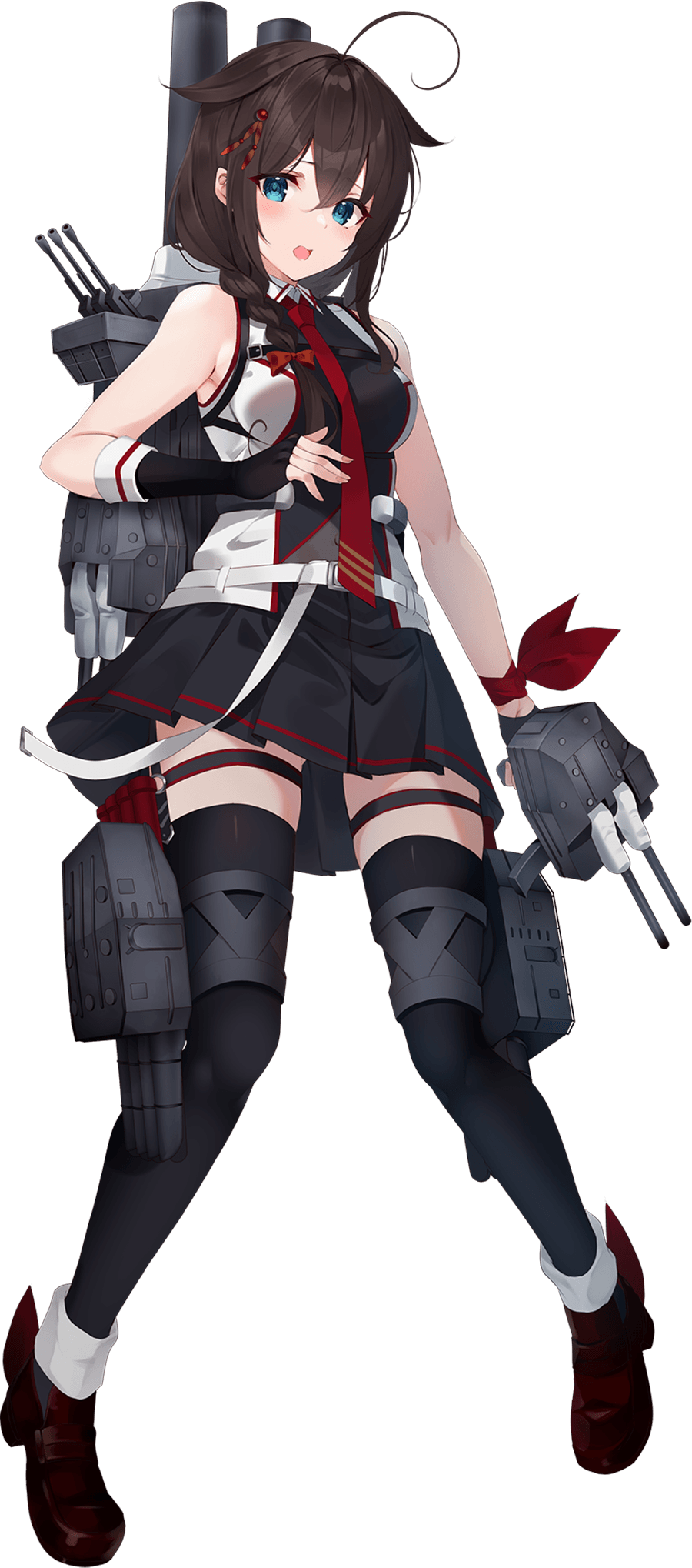 1girl ahoge black_gloves black_skirt blue_eyes braid breasts brown_hair fingerless_gloves full_body gloves hair_flaps hair_over_shoulder highres kantai_collection kujou_ichiso long_hair looking_at_viewer machinery necktie official_art red_necktie shigure_(kancolle) shigure_kai_san_(kancolle) shirt single_braid skirt sleeveless sleeveless_shirt solo thighhighs torpedo transparent_background turret