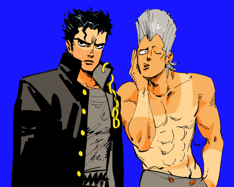 2boys black_jacket blue_background buttons earrings gakuran hand_on_own_cheek hand_on_own_face jacket jean_pierre_polnareff jewelry jojo_no_kimyou_na_bouken kotteri kujo_jotaro looking_to_the_side male_focus multiple_boys no_headwear one_eye_closed school_uniform shirt short_hair tan upper_body white_hair