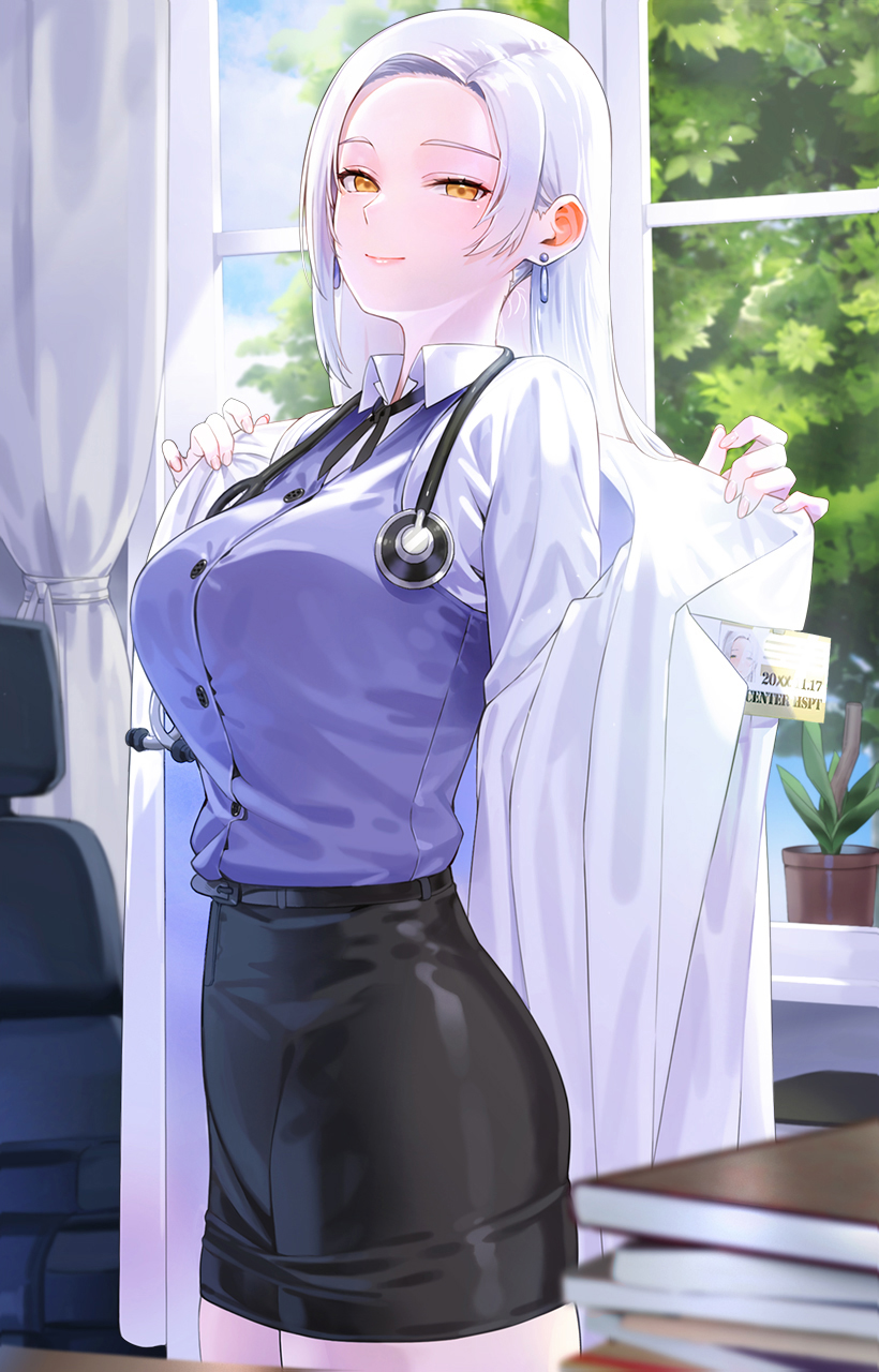 1girl black_skirt blue_vest breasts coat dress_shirt highres kfr large_breasts long_hair long_sleeves looking_at_viewer open_clothes open_coat original parted_bangs pencil_skirt shirt skirt smile solo stethoscope vest white_coat white_hair white_shirt yellow_eyes