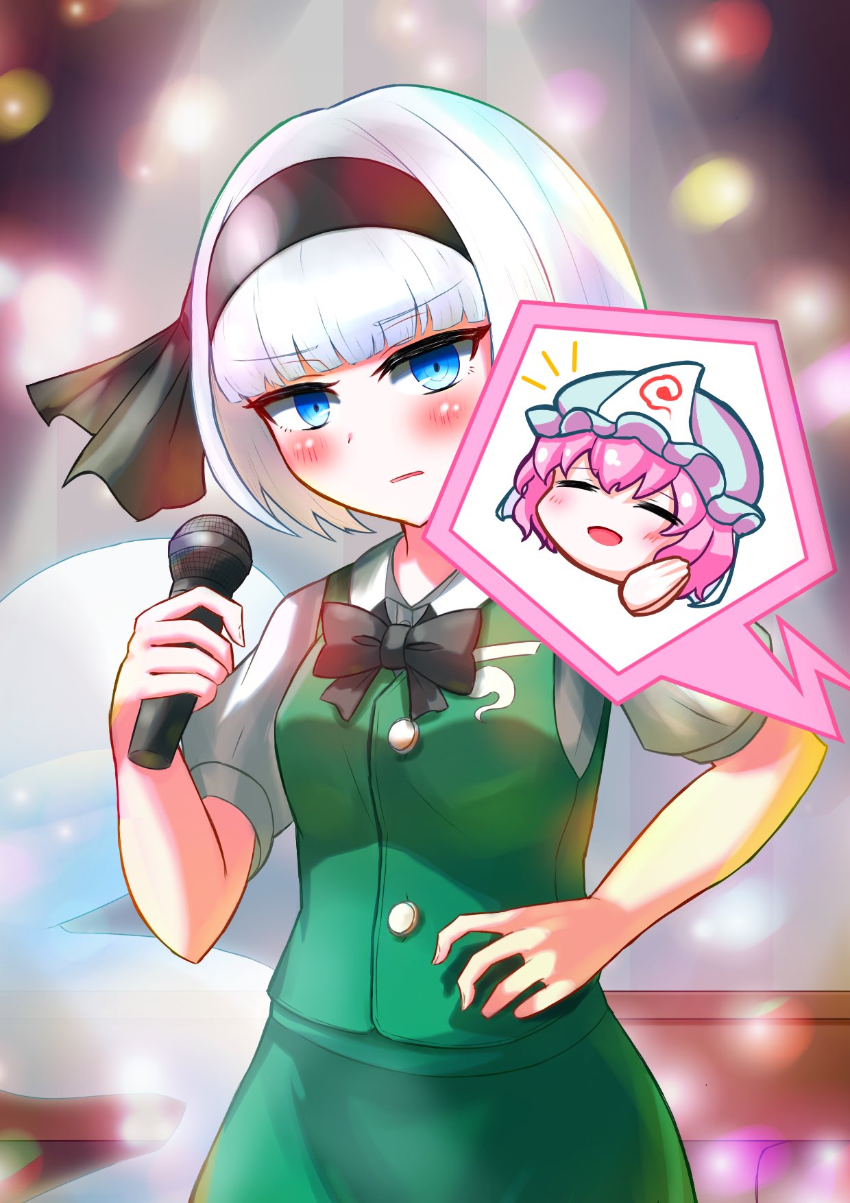 2girls black_bow black_bowtie black_hairband black_ribbon blue_eyes blue_headwear blush bob_cut bow bow_hairband bowtie collared_shirt green_skirt green_vest gvxvg00 hair_ribbon hairband hand_on_own_hip hat highres holding holding_microphone konpaku_youmu konpaku_youmu_(ghost) microphone mob_cap multiple_girls own_hands_together pink_hair puffy_short_sleeves puffy_sleeves ribbon saigyouji_yuyuko shirt short_hair short_sleeves skirt spotlight touhou triangular_headpiece vest wavy_hair white_hair white_shirt