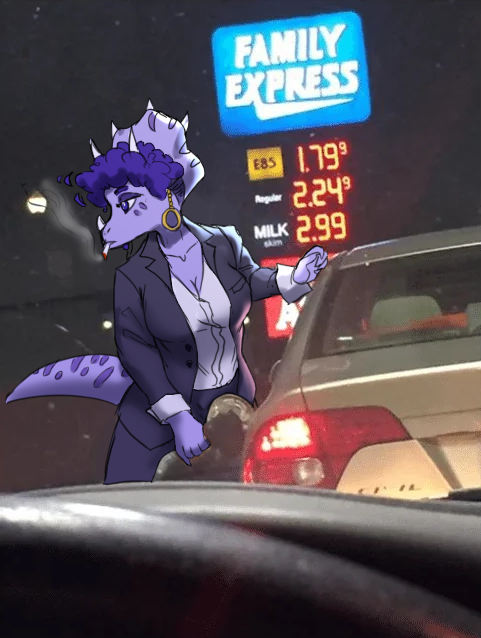 3_horns 5_fingers anthro bone_frill breasts car ceratopsian cigarette cigarette_in_mouth cleavage clothed clothing dinosaur ear_piercing ear_ring english_text female fingers first_person_view frill_(anatomy) fuel_dispenser gas_nozzle gas_station goodbye_volcano_high hair horn jacket looking_away multi_horn night object_in_mouth ornithischian photo_background photo_manipulation photography_(artwork) piercing purple_body purple_eyes purple_hair purple_scales reptile ring_piercing scales scalie shirt smoking snoot_game solo tail text topwear triceratops trish_(gvh) unknown_artist vehicle