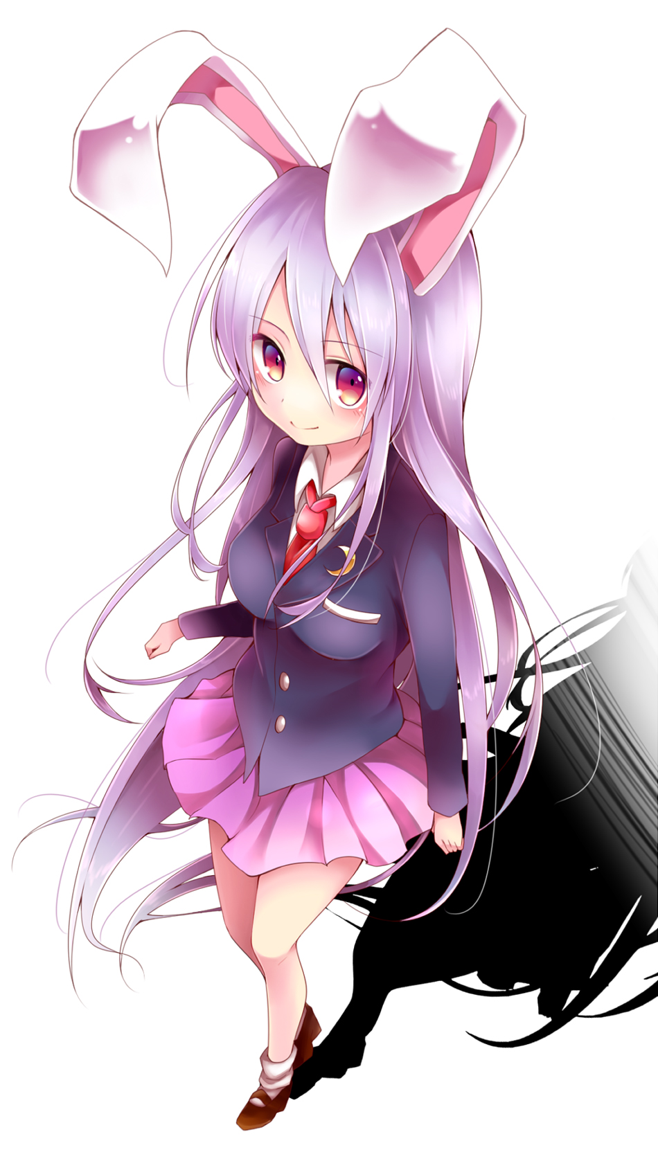 1girl animal_ears blazer breasts chikuwa_savy commentary_request crescent duplicate from_above highres jacket large_breasts light_purple_hair long_hair long_sleeves necktie pleated_skirt rabbit_ears red_eyes reisen_udongein_inaba resized shadow shirt skirt smile solo touhou very_long_hair