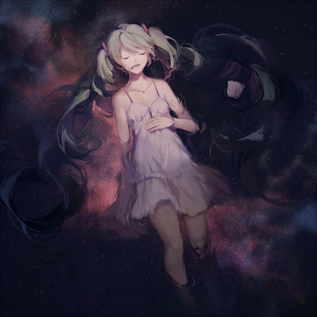 1girl afloat aqua_hair arm_at_side bare_arms bare_legs breasts closed_eyes collarbone dress facing_viewer fantasy from_above hand_on_own_stomach hatsune_miku headset last_night_good_night_(vocaloid) layered_dress light_smile long_hair lower_teeth_only lying messy_hair nebula night night_sky on_back open_mouth ripples saucer sky sleeveless sleeveless_dress small_breasts solo space spaghetti_strap spencer_sais star_(sky) starry_sky swept_bangs teeth twintails very_long_hair vocaloid water white_dress