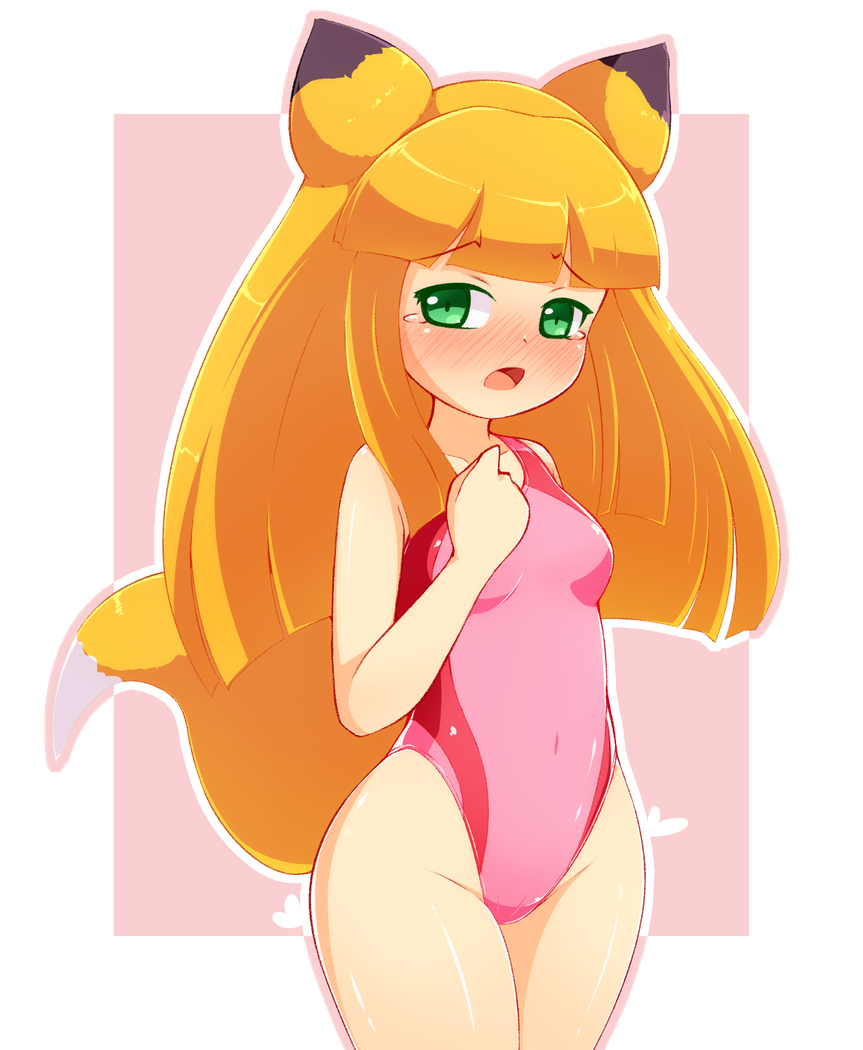 1girl a-ktoo animal_ears blunt_bangs blush border breasts clenched_hand collarbone competition_swimsuit covered_navel embarrassed fox_ears fox_girl fox_tail highleg long_hair medium_breasts okon_(pop'n_music) one-piece_swimsuit open_mouth pink_one-piece_swimsuit pop'n_music solo swimsuit tail tears tight white_border wide_hips