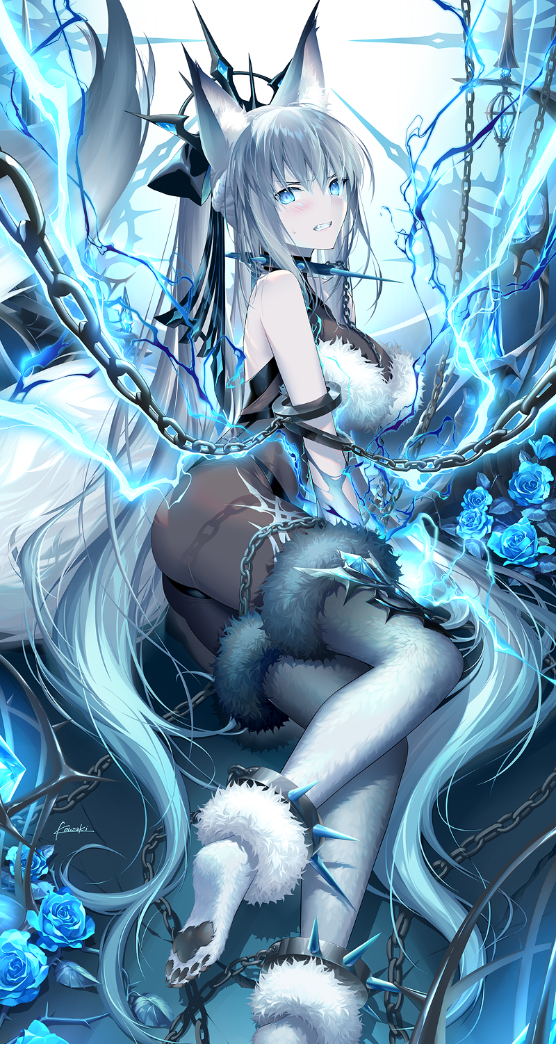 1girl animal_ear_fluff animal_ears ass bare_shoulders black_bow blue_eyes blush bodystocking bow braid breasts chain clenched_teeth collar electricity fate/grand_order fate_(series) flower fox_ears fox_tail french_braid from_side fur_trim grey_hair grey_thighhighs hair_bow hair_ornament highres kousaki_rui large_breasts long_hair looking_at_viewer lying morgan_le_fay_(fate) on_side ponytail sidelocks solo spiked_collar spikes tail teeth thighhighs thighs tiara very_long_hair