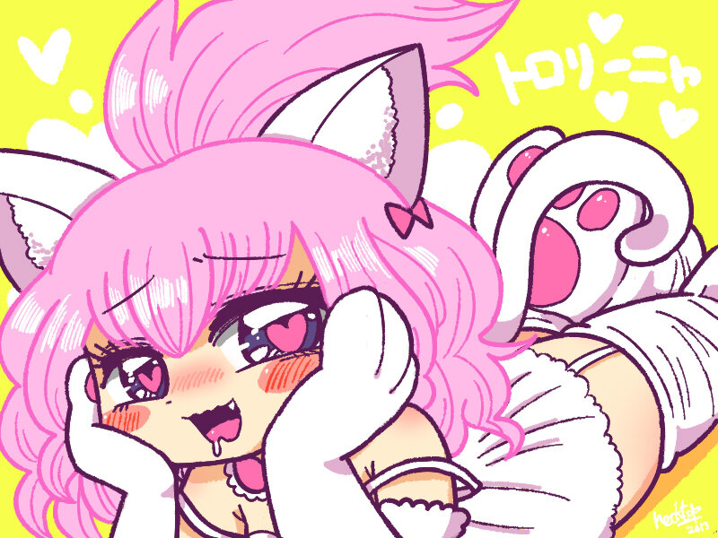 1girl animal_ears blue_eyes blush bow cat_ears cat_girl cat_tail collar commentary_request hair_bow hands_on_own_cheeks hands_on_own_face heart heart-shaped_pupils hecktop looking_to_the_side lying medium_hair nose_blush open_mouth open_smile pawpads pink_bow pink_collar pink_hair ponytail saliva single_tooth smile symbol-shaped_pupils tail tororiina_(hecktop) tororin_time translation_request white_tail