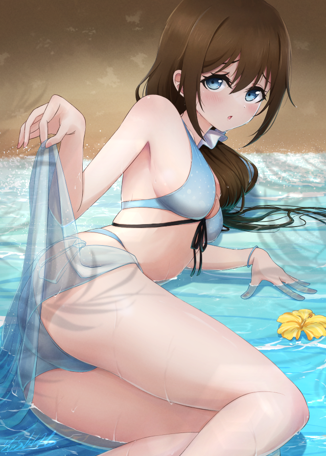 1girl :o ass beach bikini blue_bikini blue_eyes blue_sarong blush bracelet brown_hair clothes_lift commentary_request embarrassed hair_ornament hair_over_shoulder hair_scrunchie jewelry long_hair looking_at_viewer love_live! love_live!_nijigasaki_high_school_idol_club lying on_side ousaka_shizuku parted_lips sarong sarong_lift satolive20 scrunchie see-through_sarong solo swimsuit trefoil white_scrunchie