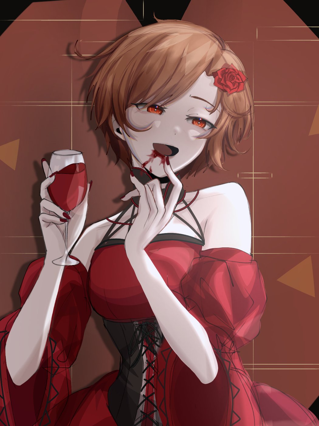 1girl akujiki_musume_conchita_(vocaloid) banica_conchita bare_shoulders black_choker blood blood_in_mouth breasts brown_hair choker corset cup detached_collar detached_sleeves dress drinking_blood drinking_glass evillious_nendaiki flower glass_of_conchita hair_flower hair_ornament highres hui_(hisessu) large_breasts meiko_(vocaloid) narrow_waist pale_skin red_dress red_eyes red_flower red_nails red_rose rose short_hair solo vessel_of_sin vocaloid wide_sleeves wine_glass