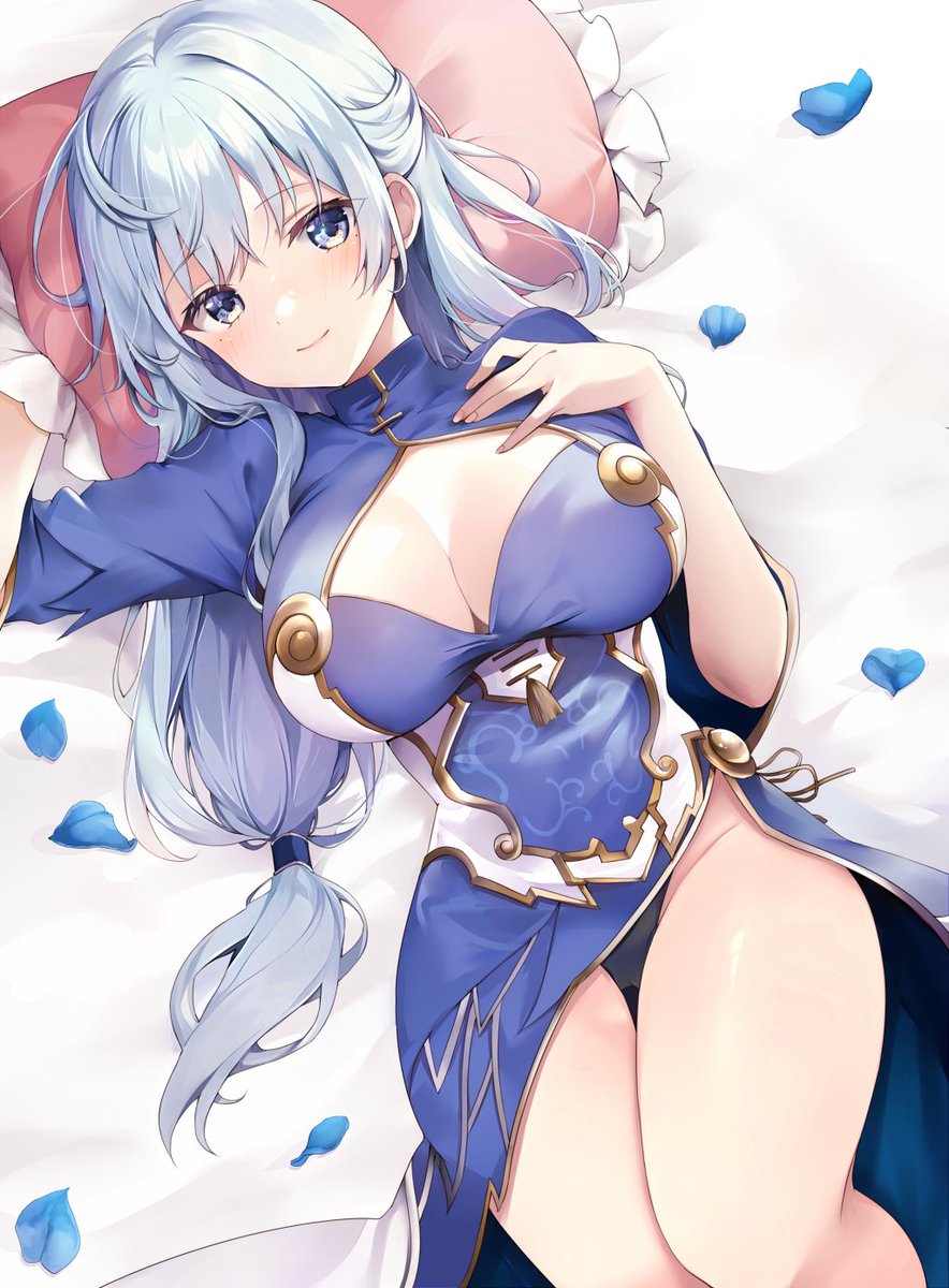 1girl blue_dress blue_eyes blue_hair blue_lotus_(flower_knight_girl) blush breasts china_dress chinese_clothes cleavage cleavage_cutout closed_mouth clothing_cutout commentary commission dress flower_knight_girl gold_trim hand_on_own_chest highres kakerayuri large_breasts long_hair lying mole mole_under_eye on_back on_bed petals pillow short_sleeves skeb_commission smile solo thighs underwear white_background