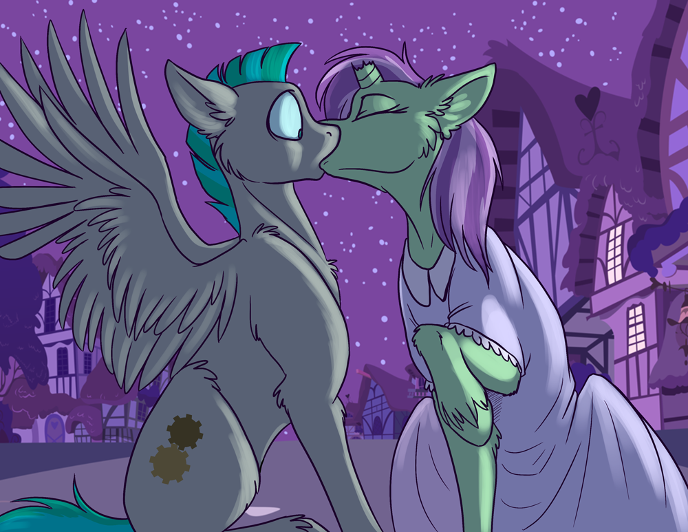 broken_horn clothed clothed_feral clothing cutie_mark dress duo equid equine eyes_closed feathered_wings feathers female feral fetlocks foxenawolf fur goldfur's_cogsverse green_body green_fur green_hair grey_body grey_fur hair hasbro hooves horn kissing lavender_dreams male male/female mammal multicolored_hair my_little_pony night pegasus purple_hair sky spread_wings star starry_sky surprise two_tone_hair unicorn unicorn_horn whirring_cogs wings
