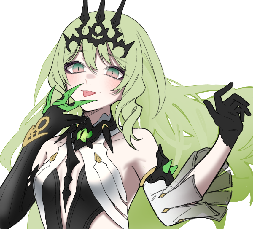 1girl :p asymmetrical_gloves bare_shoulders black_gloves breasts claw_ring closed_mouth commentary_request detached_sleeves dress elbow_gloves floating_hair gloves green_eyes green_hair grey_sleeves hair_between_eyes hands_up honkai_(series) honkai_impact_3rd long_hair long_sleeves looking_at_viewer mobius_(honkai_impact) simple_background single_detached_sleeve single_elbow_glove small_breasts smile solo tongue tongue_out upper_body very_long_hair white_background white_dress yunomi_(yunomi_hs)