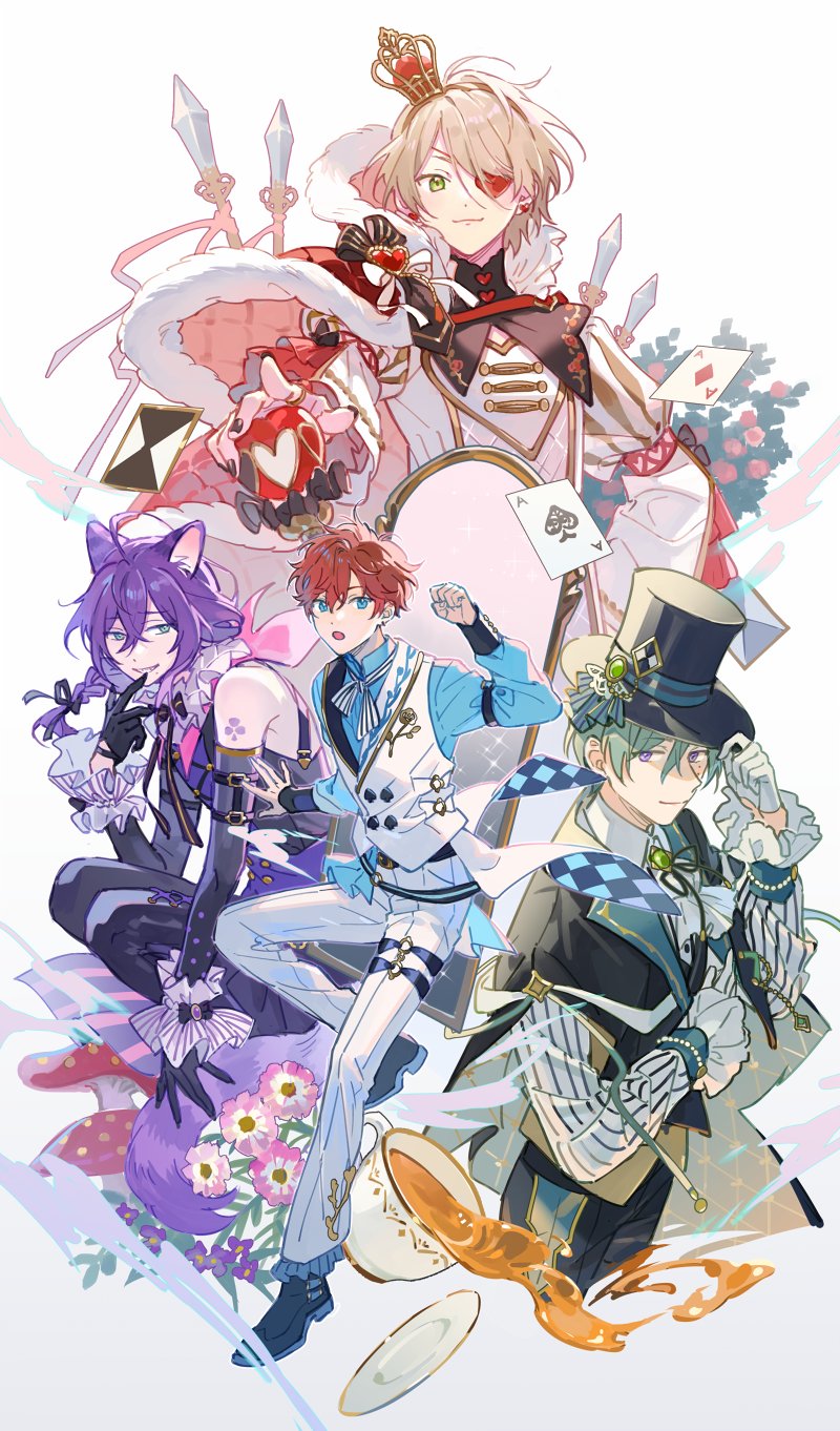 4boys :o ace_of_diamonds ace_of_spades alice_(alice_in_wonderland) alice_(alice_in_wonderland)_(cosplay) alice_in_wonderland alkaloid_(ensemble_stars!) amagi_hiiro animal_ears argyle arm_tattoo ayase_mayoi belt black_belt black_capelet black_footwear black_gloves black_headwear black_nails black_pants black_ribbon black_shirt black_vest blonde_hair blue_eyes blue_shirt braid brooch cane cape capelet card cat_boy cat_ears cheshire_cat_(alice_in_wonderland) cheshire_cat_(alice_in_wonderland)_(cosplay) clenched_hand club_(shape) collared_shirt commentary cosplay cropped_legs crown cup detached_sleeves diamond_(shape) earrings english_commentary ensemble_stars! eyepatch finger_to_mouth flower frilled_pants frilled_sleeves frills full_body fur-trimmed_cape fur_trim gloves gold_trim green_eyes green_hair grin hair_between_eyes hair_ribbon hairband half_gloves hand_on_headwear hat hat_ornament heart heart_earrings heart_eyepatch high_collar highres holding holding_cane jewelry kazehaya_tatsumi lapels long_hair long_sleeves looking_at_viewer mad_hatter_(alice_in_wonderland) mad_hatter_(alice_in_wonderland)_(cosplay) male_focus mini_crown mole mole_under_eye mole_under_mouth multiple_boys mushroom neck_ribbon neck_ruff notched_lapels open_hand pants pink_flower playing_card puff_and_slash_sleeves puffy_sleeves purple_eyes purple_flower purple_hair queen_of_hearts_(alice_in_wonderland) queen_of_hearts_(alice_in_wonderland)_(cosplay) red_cape red_flower red_hair red_rose ribbon rose saucer seuga shawl_lapels shiratori_aira_(ensemble_stars!) shirt shoes short_hair shoulder_cape single_braid sleeveless sleeveless_shirt smile smoke spade_(shape) spill squatting striped striped_ribbon striped_shirt tailcoat tattoo tea teacup thigh_strap top_hat upper_body vest white_background white_pants white_ribbon white_shirt white_vest wrist_cuffs yellow_hairband yellow_vest
