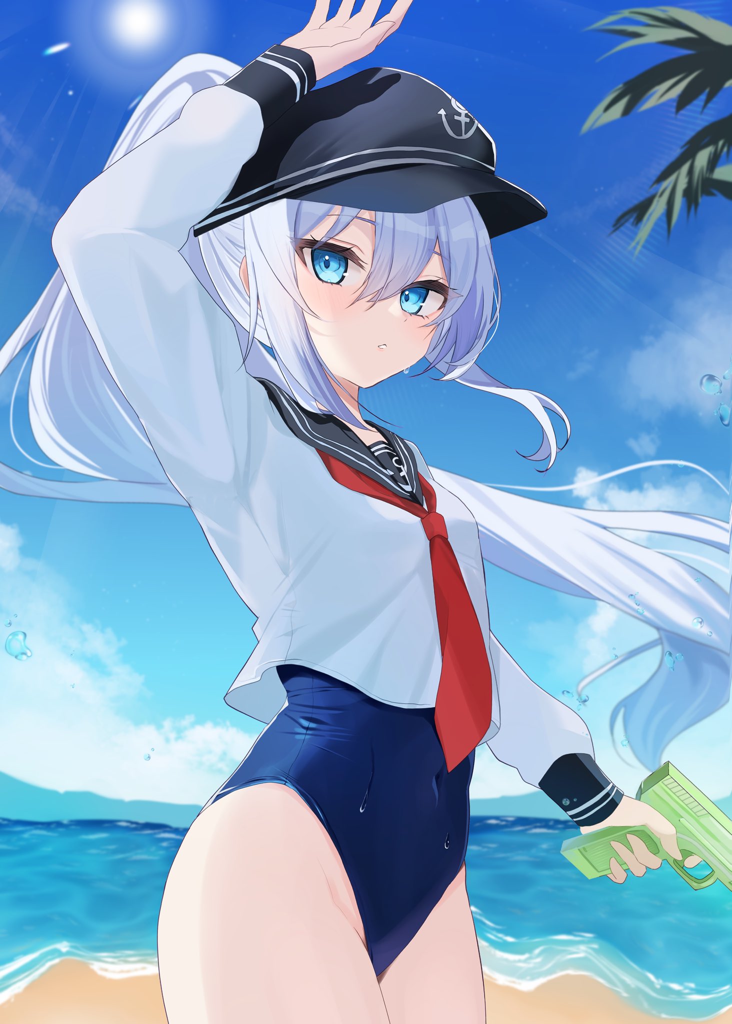 1girl alternate_hairstyle anchor_symbol beach black_sailor_collar blue_eyes day flat_cap grey_hair hat hibiki_(kancolle) highres kantai_collection long_hair neckerchief ocean ponytail red_neckerchief sailor_collar sand school_swimsuit school_uniform serafuku solo swimsuit water water_gun yoshino_(mfmfpng)