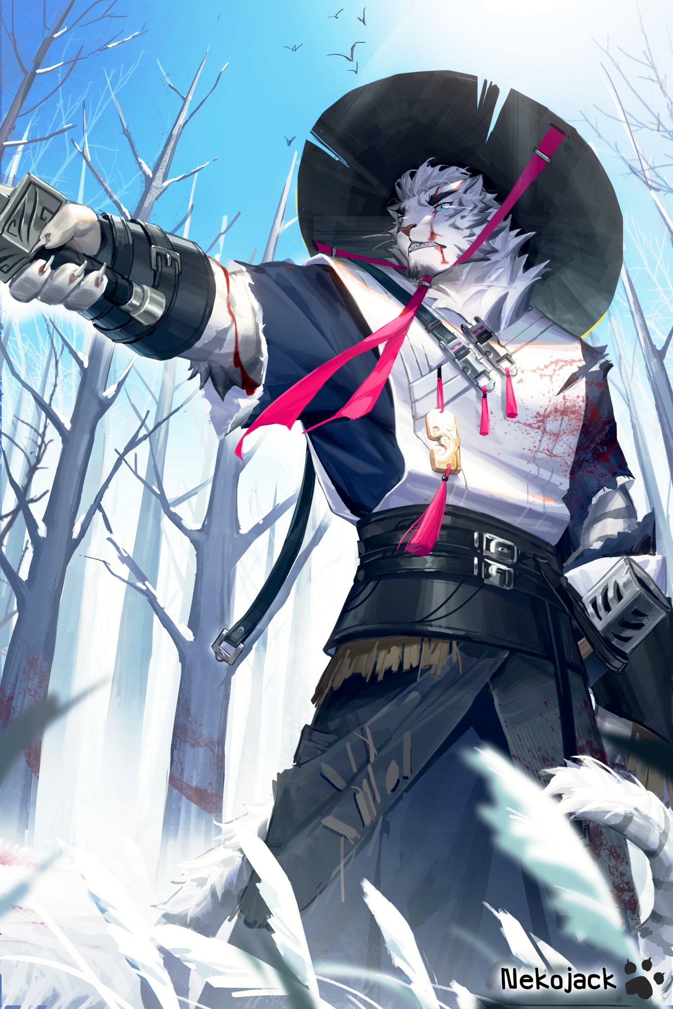 1boy animal_ears arknights bara bare_tree belt bird black_belt blood blood_on_clothes blood_on_face blue_sky cowboy_shot dougi furry furry_male hakama hakama_skirt hat highres holding holding_weapon japanese_clothes looking_at_another male_focus mountain_(arknights) muscular muscular_male nekojack12 outdoors pectorals sakkat skirt sky snow solo straw_hat sword tail talisman tiger_boy tiger_ears tiger_stripes tiger_tail tree unsheathed weapon white_fur winter