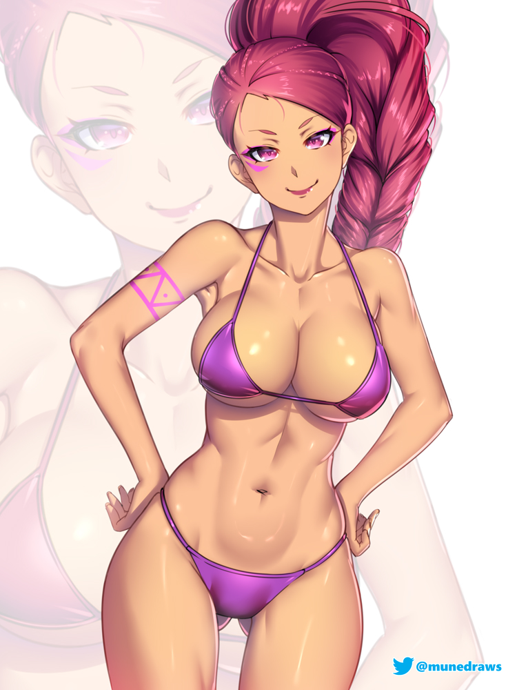 1girl alternate_costume arm_tattoo ass_visible_through_thighs bikini breasts cleavage dark-skinned_female dark_skin etchimune facial_tattoo fire_emblem fire_emblem:_three_houses hands_on_own_hips large_breasts looking_at_viewer petra_macneary ponytail purple_bikini purple_eyes purple_hair purple_swimsuit smile solo swimsuit tattoo zoom_layer