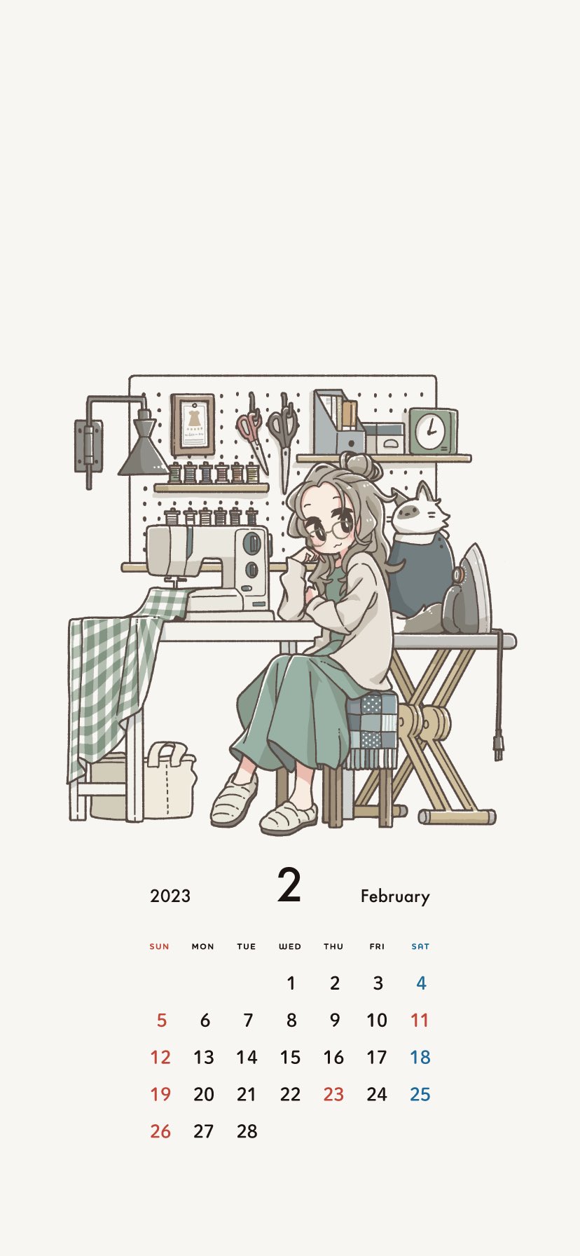 1girl :3 analog_clock black_eyes blush brown_hair cat clock closed_mouth clothes_iron east_sha2 glasses green_skirt highres ironing_board lamp long_hair looking_at_viewer original scissors sewing_machine sitting skirt smile solo spool