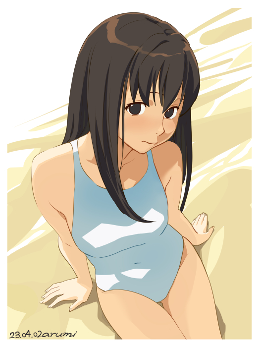 1girl artist_name baba_arumi bare_arms bare_shoulders black_eyes border brown_hair closed_mouth commentary_request cowboy_shot dated expressionless hate_shinaku_aoi_kono_sora_no_shita_de.... long_hair looking_at_viewer on_ground one-piece_swimsuit paid_reward_available sand sitting solo swimsuit white_border white_one-piece_swimsuit yoshino_amane