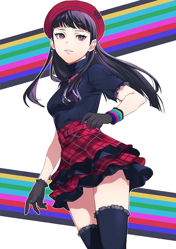 1girl amagi_yukiko beret black_gloves black_hair black_shirt black_thighhighs breasts earrings gloves hat isa_(peien516) jewelry layered_skirt long_hair medium_breasts parted_lips persona persona_4 persona_4:_dancing_all_night persona_dancing plaid plaid_skirt red_headwear red_skirt shirt simple_background skirt solo thighhighs