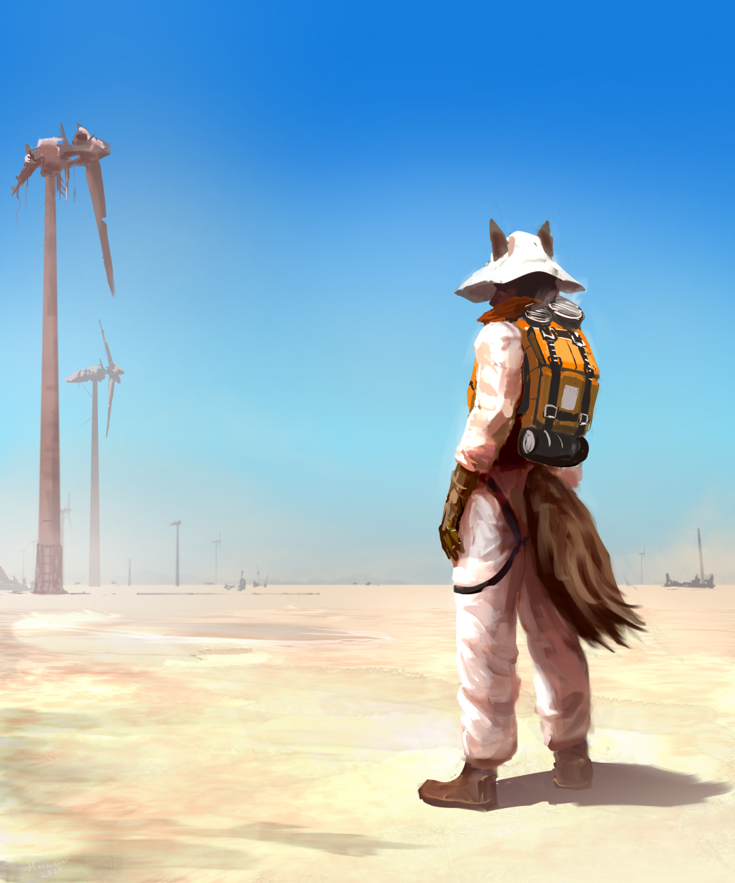 anthro backpack beol boots brimmed_hat canid canine canis clear_sky climate_change clothing desert dust footwear gloves handwear harness hi_res jumpsuit looking_away male mammal marsonaut post-apocalyptic ruins science_fiction solo white_clothing wind_turbine windmill wolf