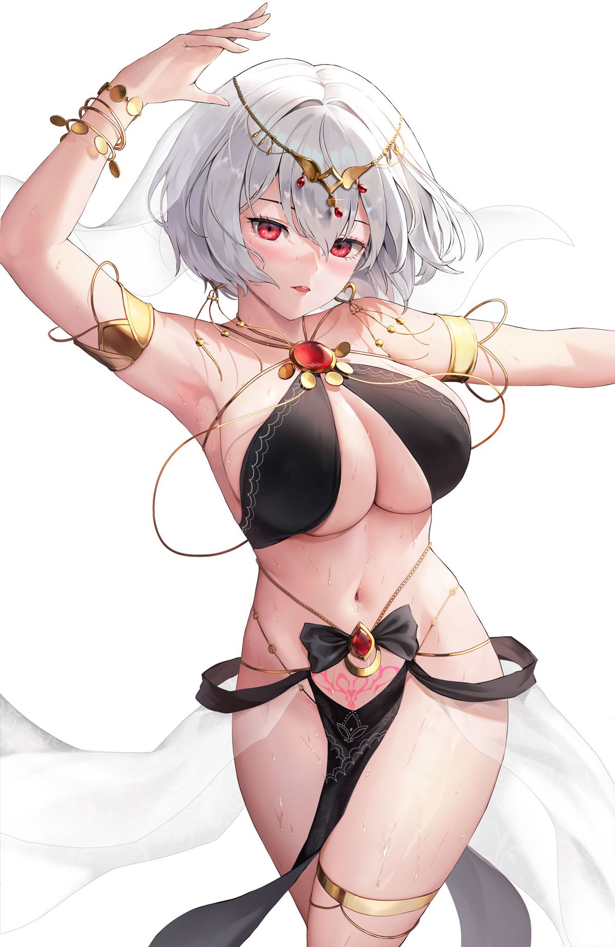 1girl arm_up armlet armpits bangle bare_shoulders bikini black_bikini bracelet breasts brooch circlet cleavage commission cowboy_shot dancer highres jewelry large_breasts looking_at_viewer navel no_panties open_mouth original pelvic_curtain pubic_tattoo red_eyes short_hair solo standing stomach sweat swimsuit tattoo thighlet thighs white_hair y.i._(lave2217)