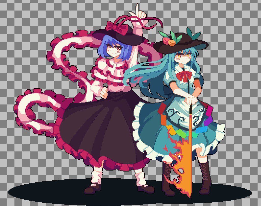 2girls arm_up black_footwear black_headwear black_skirt blue_hair blue_skirt bow bowtie brown_footwear capelet checkered_background closed_mouth commentary food frilled_skirt frills fruit full_body grey_background hand_on_own_hip hands_on_hilt hat hat_bow hinanawi_tenshi index_finger_raised kaaaarin leaf long_hair looking_at_viewer multiple_girls nagae_iku orange_eyes peach pink_capelet pink_shirt pixel_art purple_hair rainbow_order red_bow red_bowtie shawl shirt short_hair short_sleeves skirt socks standing sword_of_hisou touhou white_shirt white_socks