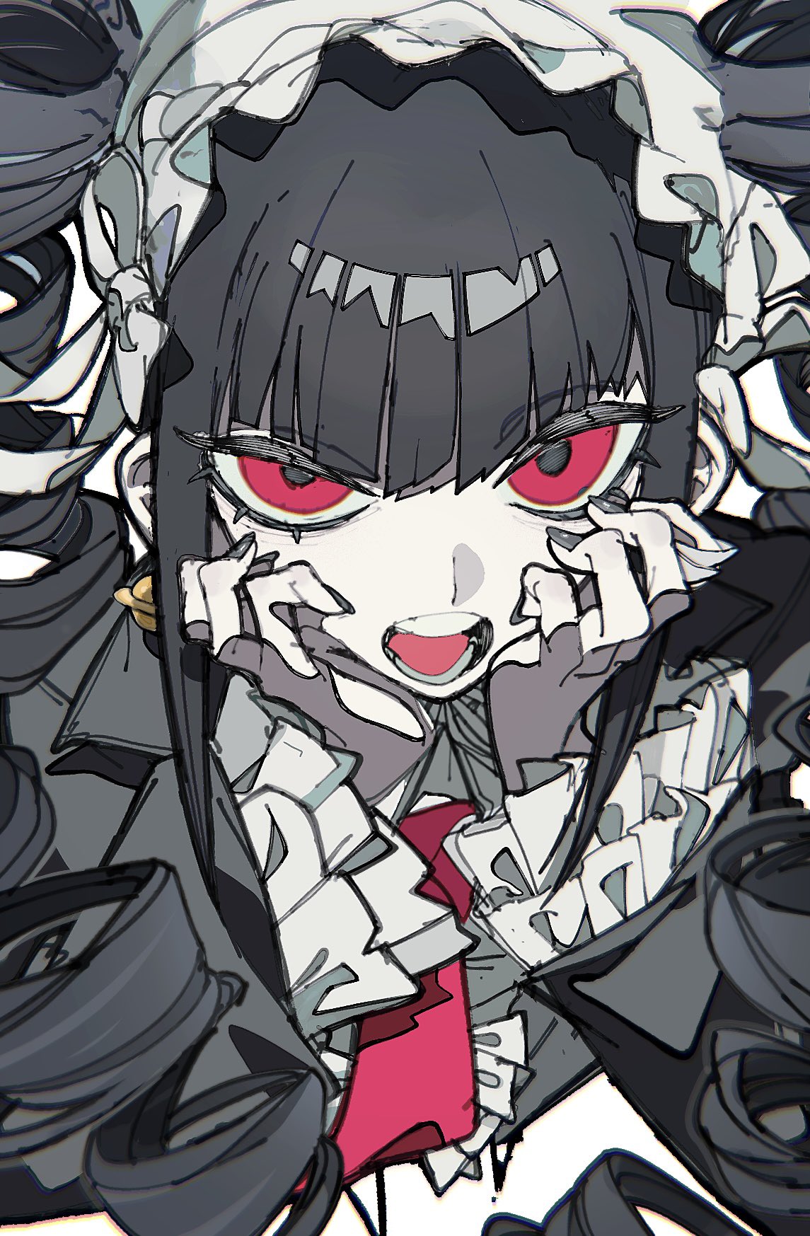 1girl black_hair black_jacket black_nails celestia_ludenberg center_frills chappii_(paon_gunsou) colored_skin danganronpa:_trigger_happy_havoc danganronpa_(series) drill_hair earrings frilled_jacket frills hands_up headdress highres jacket jewelry long_hair long_sleeves nail_polish necktie pink_necktie red_eyes solo teeth tongue twin_drills twintails white_skin