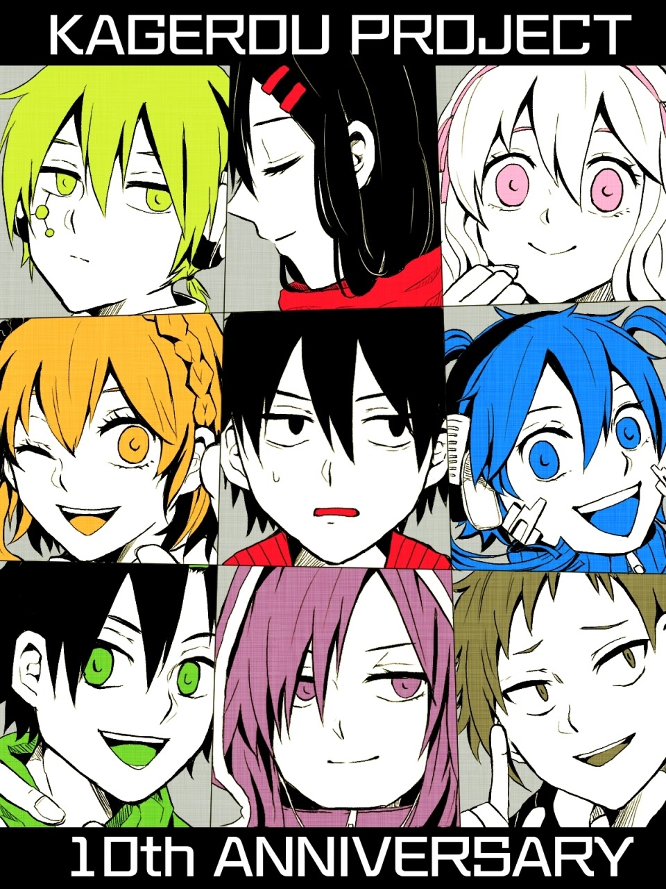 4boys 5girls alternate_eye_color alternate_hair_color anniversary black_eyes black_hair blonde_hair blue_eyes blue_hair blue_jacket blue_tongue braid brown_eyes brown_hair buckle clenched_teeth close-up closed_eyes closed_mouth collage collared_jacket color_coordination colored_tongue commentary_request copyright_name double-parted_bangs ene_(kagerou_project) enpera eyelashes facial_mark flat_color from_side green_eyes green_jumpsuit green_tongue grey_background hair_between_eyes hair_ornament hair_over_one_eye hairband hairclip headphones highres hood hood_down hood_up hooded_jumpsuit hoodie jacket jumpsuit kagerou_project kano_shuuya kido_tsubomi kisaragi_momo kisaragi_shintarou konoha_(kagerou_project) kozakura_marry looking_at_viewer looking_to_the_side momiji-chan_(mawi) multiple_boys multiple_girls one_eye_closed open_mouth orange_eyes orange_hair orange_tongue partial_commentary pink_eyes pink_hairband pink_ribbon pointing pointing_up portrait print_hoodie purple_eyes purple_hair purple_hoodie red_jacket red_scarf ribbon scarf seto_kousuke short_bangs short_hair short_ponytail side_braid simple_background single_braid slit_pupils smile sweat tateyama_ayano teeth track_jacket triangle_mouth twintails upper_teeth_only wavy_hair wavy_mouth white_trim yellow_eyes zipper_pull_tab