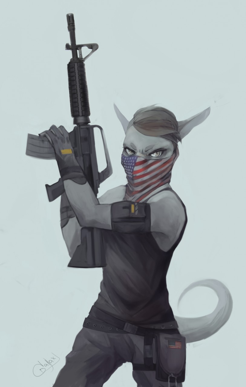 2015 akrolayn ambiguous_species anthro armband artist_name bandanna black_clothing black_shirt black_tank_top black_topwear brown_hair clothed clothing digital_media_(artwork) digital_painting_(artwork) front_view fully_clothed geodis gloves grey_body grey_ears grey_eyes grey_skin gun hair handwear hi_res holding_gun holding_object holding_weapon kerchief looking_at_viewer male portrait ranged_weapon shirt signature solo stars_and_stripes tank_top three-quarter_portrait topwear unavailable_at_source united_states_of_america weapon