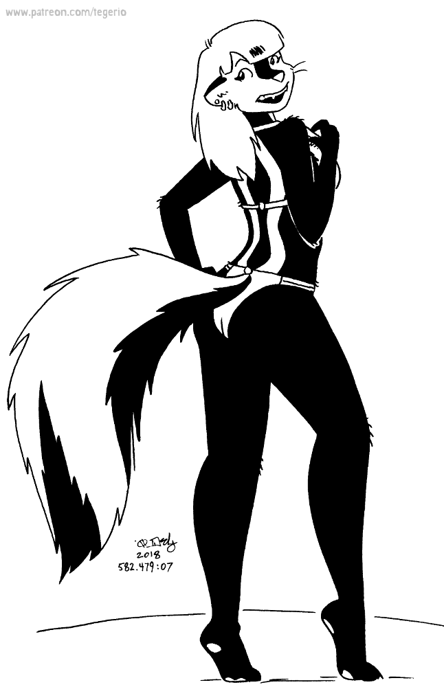 2018 anthro bikini black_and_white breasts clothed clothing ear_piercing ear_ring female kelly_o'dor looking_back mammal mephitid monochrome open_mouth pawpads piercing ring_piercing skunk solo striped_skunk swimwear tail teeth tegerio whiskers zandar's_saga