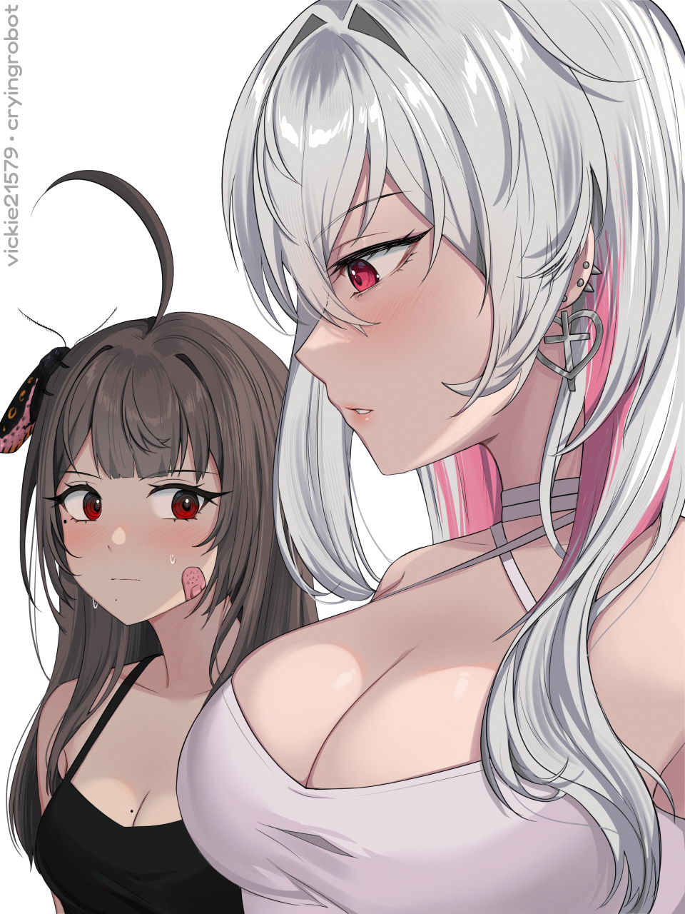 2girls ahoge animal_on_head bandaid bandaid_on_cheek bandaid_on_face black_camisole blush borrowed_character breast_envy breasts brown_hair bug camisole cleavage ear_piercing earrings highres jewelry large_breasts long_hair looking_at_another looking_at_breasts medium_breasts meme mole mole_on_breast mole_under_eye moth multicolored_hair multiple_girls multiple_moles on_head original parted_lips pectoral_envy_(meme) piercing pink_hair red_eyes shirt simple_background sleeveless spaghetti_strap sweatdrop two-tone_hair upper_body vickie_(cryingrobot) vickie_(cryingrobot)_(character) vivi_(vitaminechan) white_background white_hair white_shirt