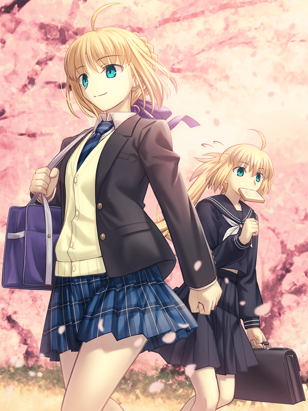 2girls ahoge artoria_caster_(fate) artoria_pendragon_(fate) bag bare_legs black_skirt blonde_hair blue_ribbon blue_tail braid bread buttons checkered_clothes checkered_skirt cherry_blossoms closed_mouth collar commentary eating fate/grand_order fate/stay_night fate_(series) floral_background flower food green_eyes hair_ribbon highres holding holding_bag jacket long_hair long_sleeves multiple_girls pink_flower ribbon saber school_bag school_uniform shirt shoori_(migiha) skirt smile sweater tail takeuchi_takashi_(style) tree twintails white_shirt white_tail yellow_sweater