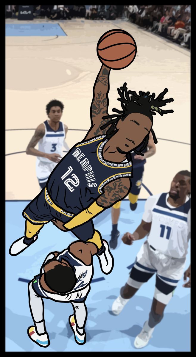 ball basket basketball basketball_(object) basketball_uniform dark_skin drawing highres ja_morant jersey male_focus memphis_grizzlies multiple_boys national_basketball_association non-web_source sportswear