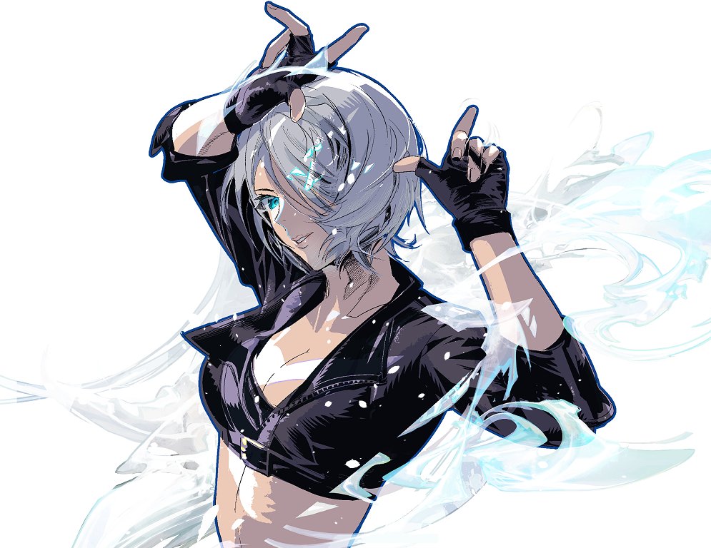 1girl angel_(kof) blue_eyes bra breasts chaps cleavage cofffee cropped_jacket finger_horns fingerless_gloves gloves hair_over_one_eye horns_pose index_fingers_raised jacket large_breasts leather leather_jacket looking_at_viewer midriff navel short_hair snk solo strapless strapless_bra the_king_of_fighters the_king_of_fighters_xiv toned underwear white_hair