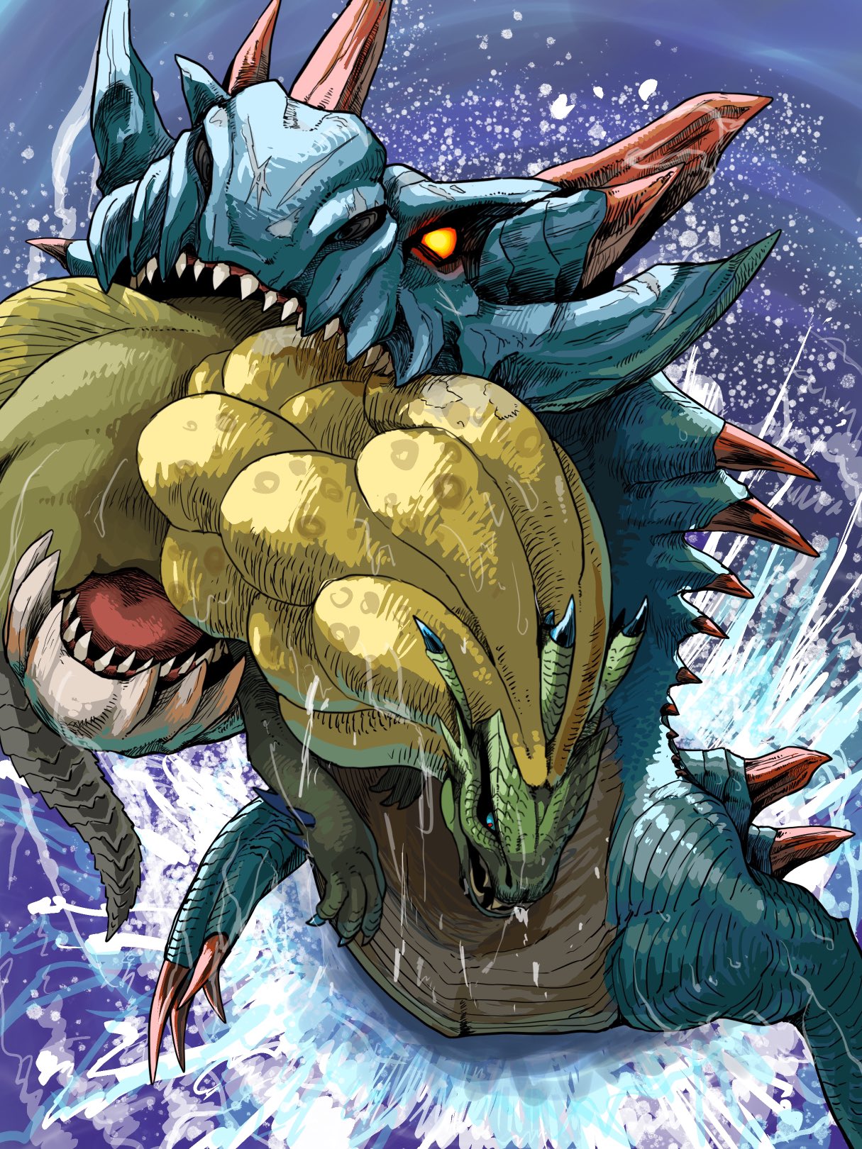 animal_in_mouth blue_sclera claws colored_sclera dragon glowing glowing_eyes highres horns lagiacrus monster monster_hunter_(series) monster_hunter_3 no_humans partially_submerged pekoson red_eyes red_horns royal_ludroth scales scar sharp_teeth splashing teeth tongue water yellow_eyes