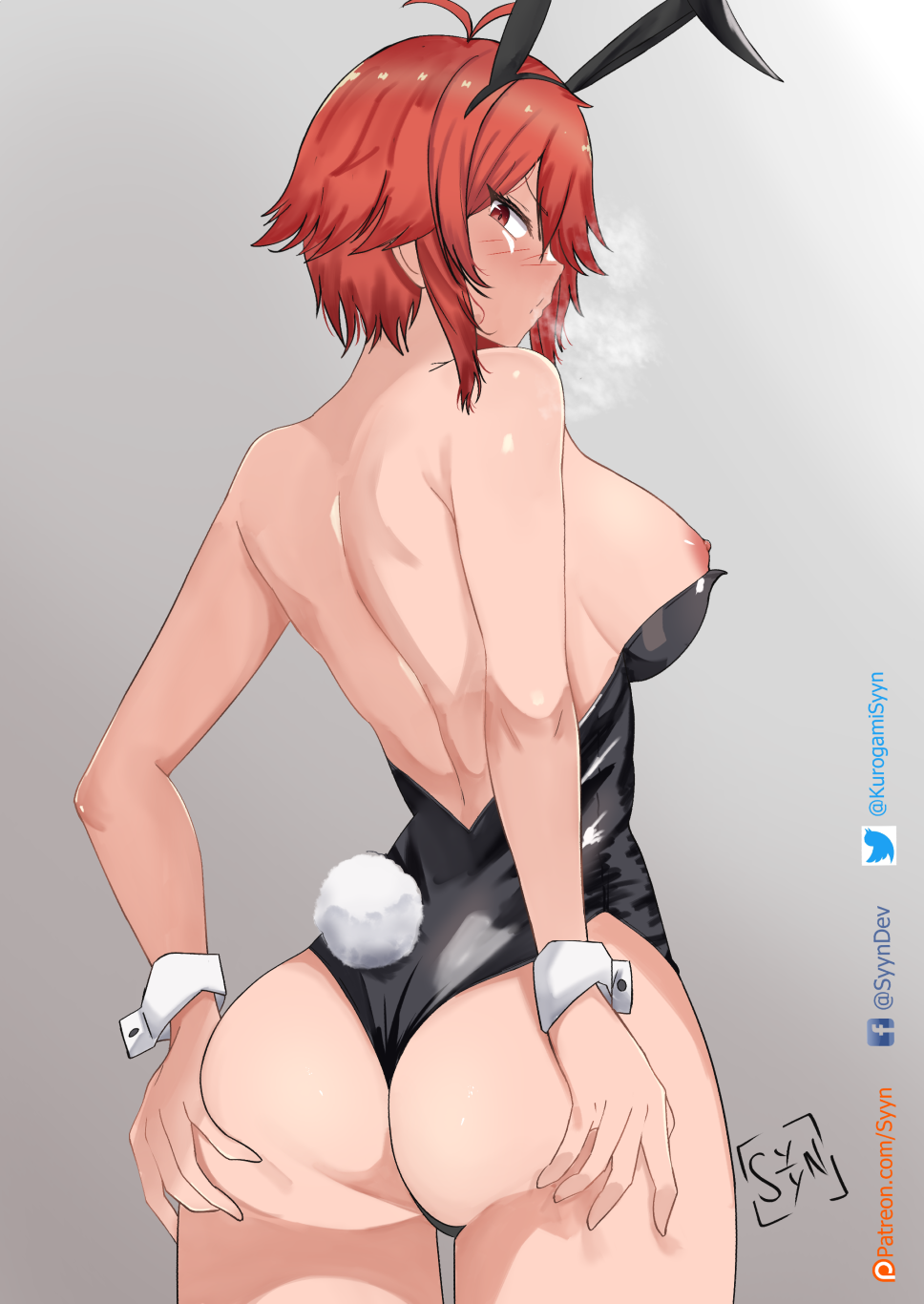 1girl aizawa_tomo animal_ears antenna_hair artist_logo artist_name ass ass_grab bare_back bare_shoulders black_leotard blush breasts breath facebook_username fake_animal_ears fake_tail from_behind gradient_background grey_background hand_on_own_ass heavy_breathing highres large_breasts leotard looking_at_viewer looking_back nipples patreon_username playboy_bunny pout rabbit_ears rabbit_tail red_eyes red_hair shiny_skin short_hair solo strapless strapless_leotard syyn_(syyndev) tail tomo-chan_wa_onna_no_ko twitter_username wardrobe_malfunction wrist_cuffs